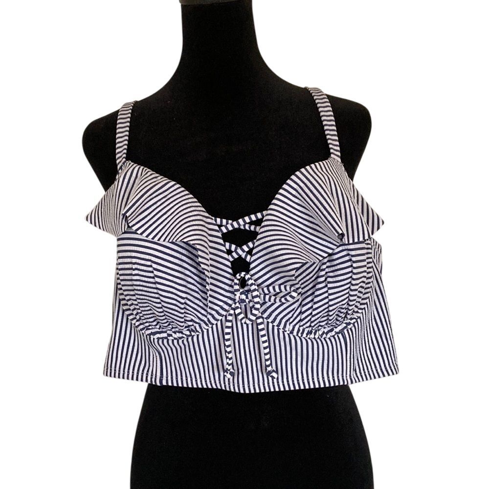Cacique Swim Top Womens Size 44B Blue White Full Bra‎ Nautical